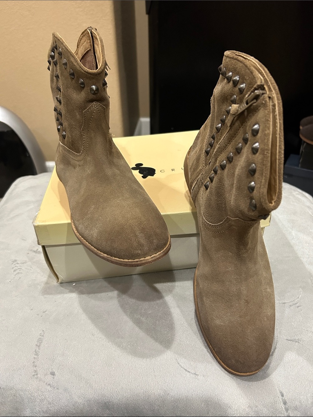 Studded Suede Ankle Booties in Tan